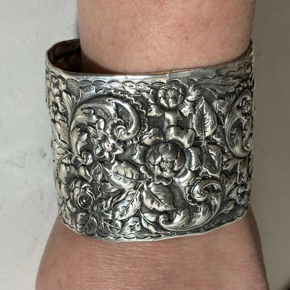Antique Sterling Silver 925 Floral Cuff Bracelet Gift Repouss Victorian Bouquet